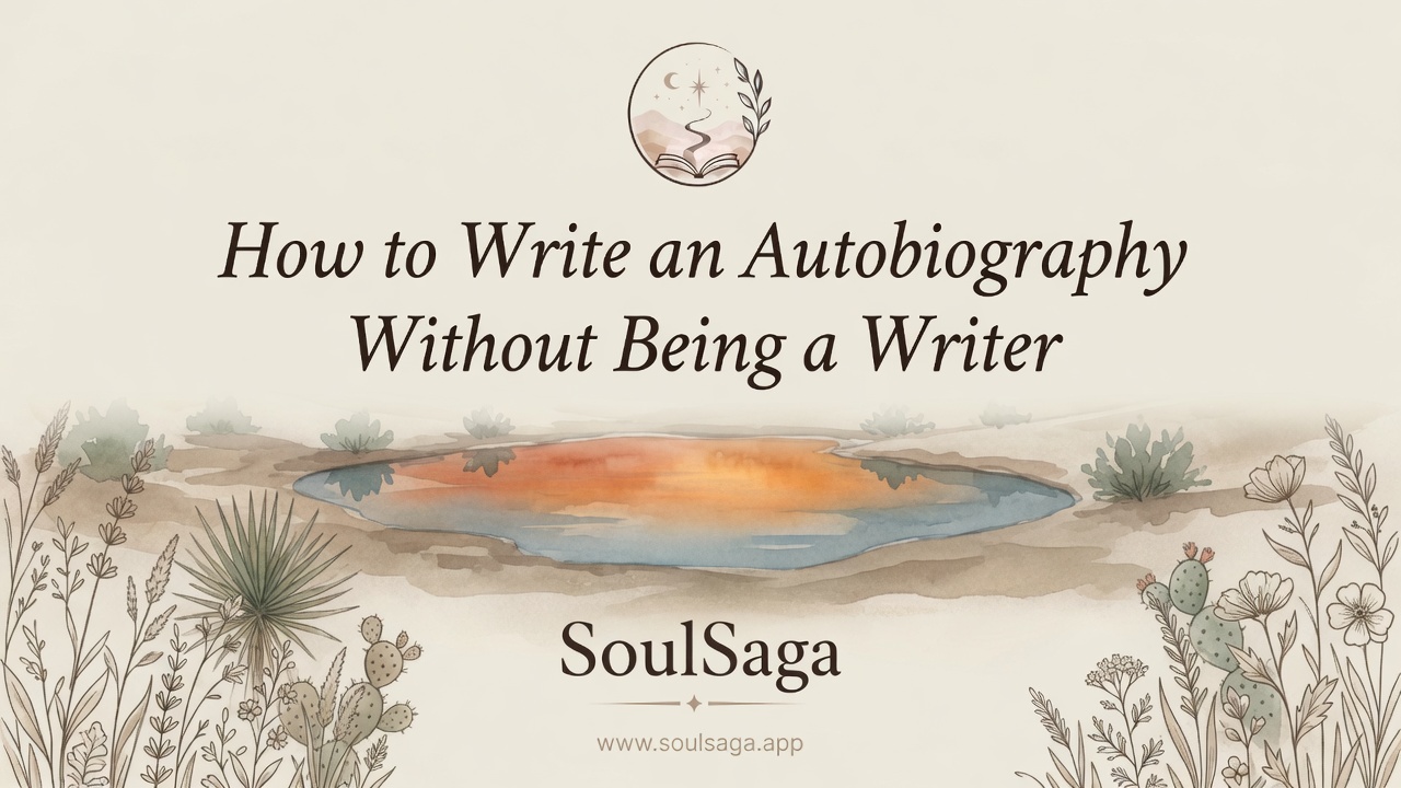 Watercolor desert oasis with an open notebook at the water’s edge and the title How to Write an Autobiography Without Being a Writer