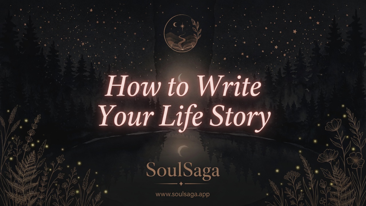 Dark bay pines under a crescent moon with the title How to Write Your Life Story in literary serif type