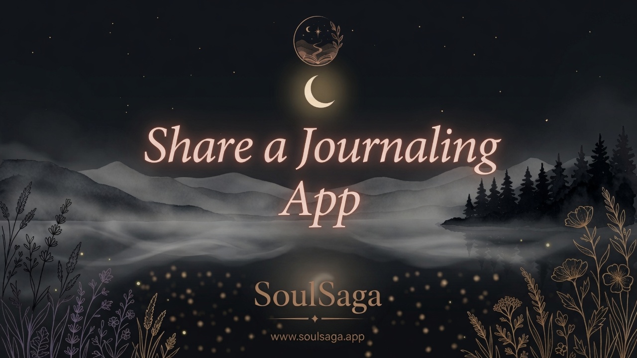Dark foggy highland loch cover with literary title Share a Journaling App over mist, an empty rowboat and an open journal on stone