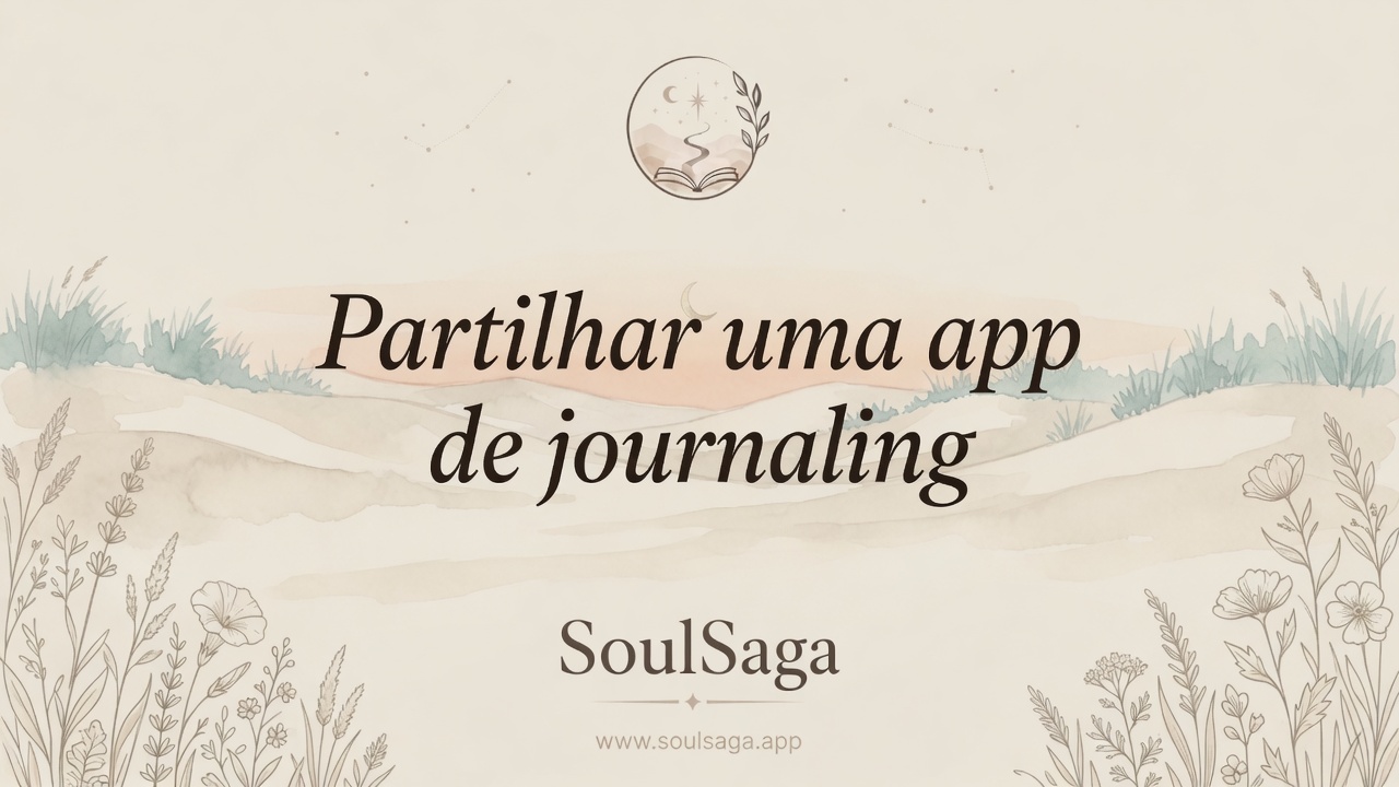 Capa literária em dunas costeiras com brilho pêssego e o título Partilhar uma app de journaling ao centro.